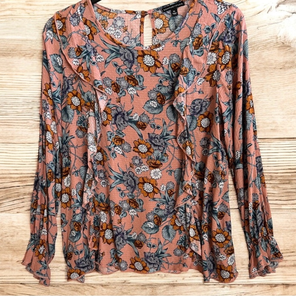 Signature Studio Floral Top Womens XL Ruffles Long Sleeve